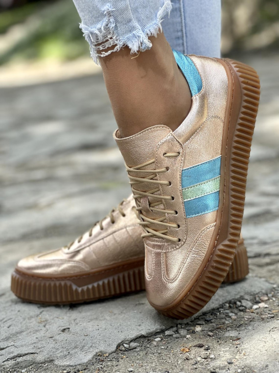 Piękne miedziane trampki damskie skórzane OLEKSY polskiej produkcji na grubej podeszwie