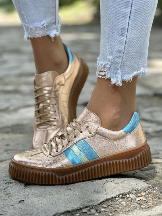 Piękne miedziane trampki damskie skórzane OLEKSY polskiej produkcji na grubej podeszwie