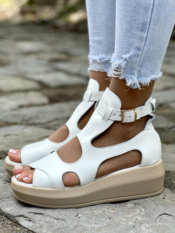 Modne białe sandały damskie skórzane OLEKSY na wygodnym grubym spodzie polskiej produkcji