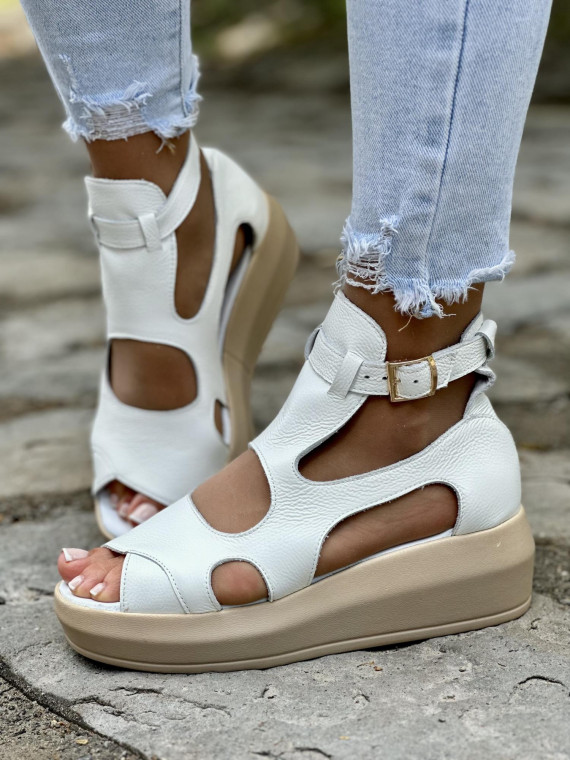 Modne białe sandały damskie skórzane OLEKSY na wygodnym grubym spodzie polskiej produkcji