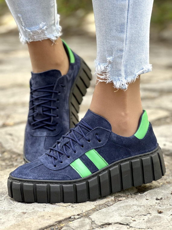 Modne granatowe trampki damskie skórzane OLEKSY na grubym spodzie polskiej produkcji