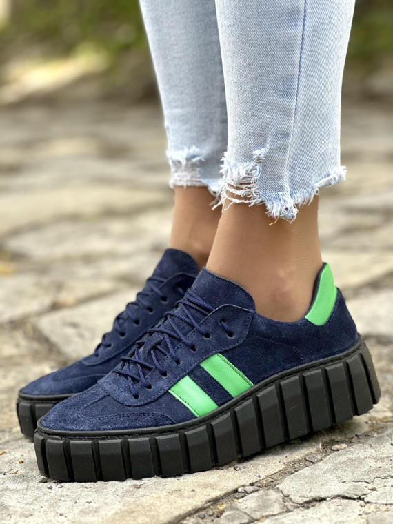 Modne granatowe trampki damskie skórzane OLEKSY na grubym spodzie polskiej produkcji