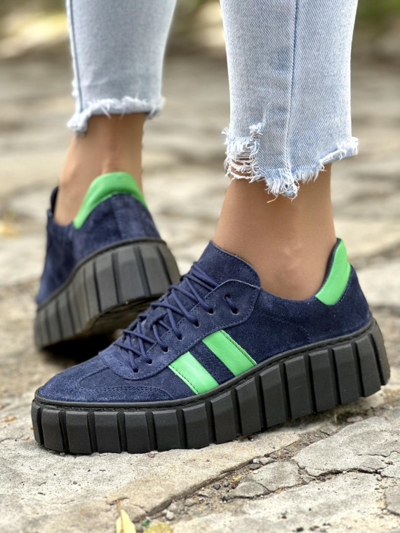 Modne granatowe trampki damskie skórzane OLEKSY na grubym spodzie polskiej produkcji