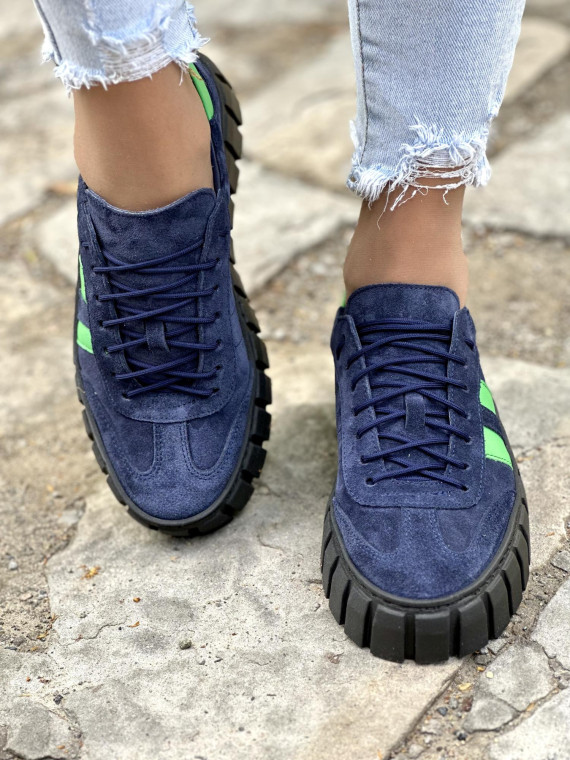 Modne granatowe trampki damskie skórzane OLEKSY na grubym spodzie polskiej produkcji