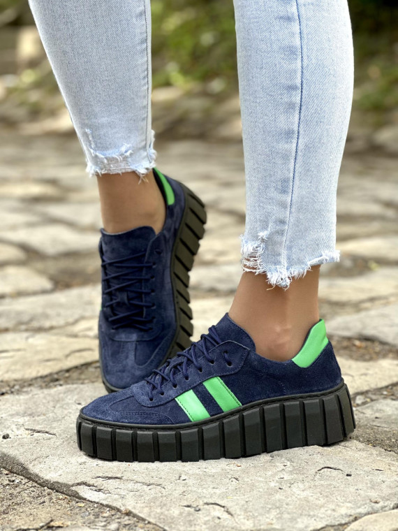 Modne granatowe trampki damskie skórzane OLEKSY na grubym spodzie polskiej produkcji