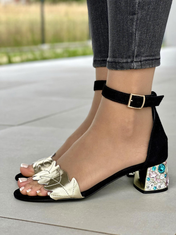 Piękne czarno złote sandały damskie OLEKSY ze skóry naturalnej polskiej produkcji