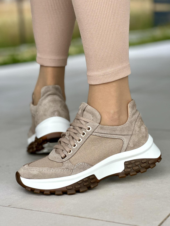Beżowe sneakersy damskie OLEKSY ze skóry naturalnej
