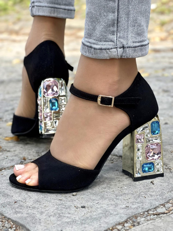 Piękne czarne sandały damskie OLEKSY ze skóry naturalnej na wysokim obcasie