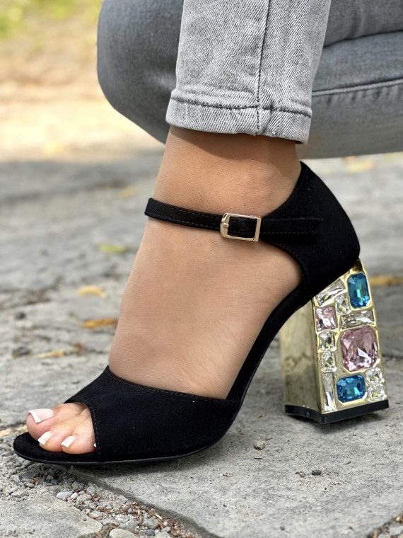 Piękne czarne sandały damskie OLEKSY ze skóry naturalnej na wysokim obcasie