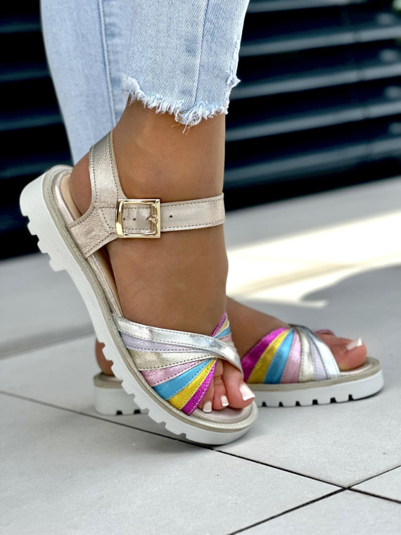 Multikolorowe miękkie i lekkie sandały OLEKSY ze skóry naturalnej na płaskiej podeszwie