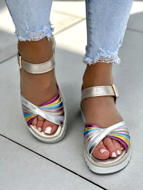 Multikolorowe miękkie i lekkie sandały OLEKSY ze skóry naturalnej na płaskiej podeszwie