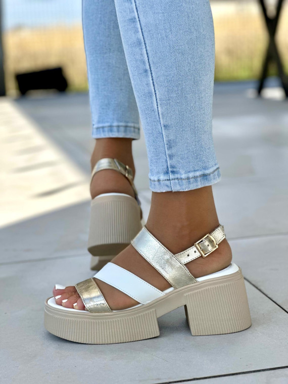 Biało złote sandały damskie skórzane OLEKSY polskiej produkcji