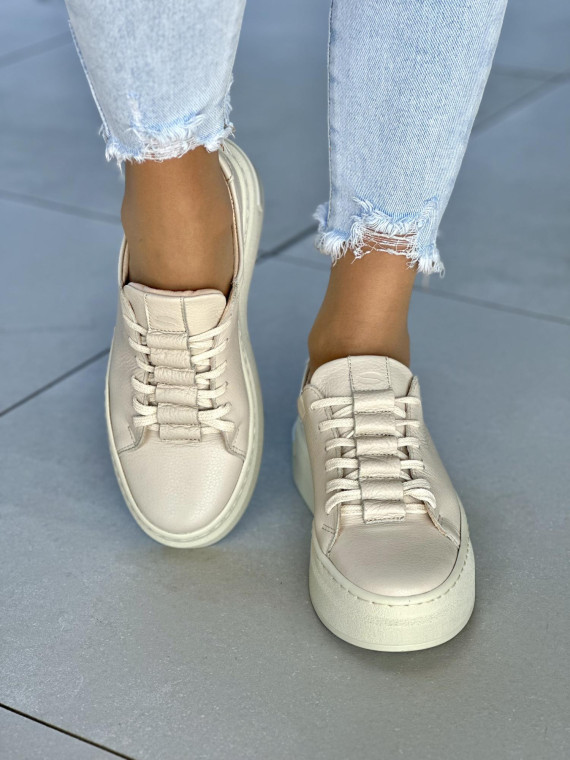 Beżowe trampki damskie skórzane OLEKSY polskiej produkcji na modnej grubej podeszwie