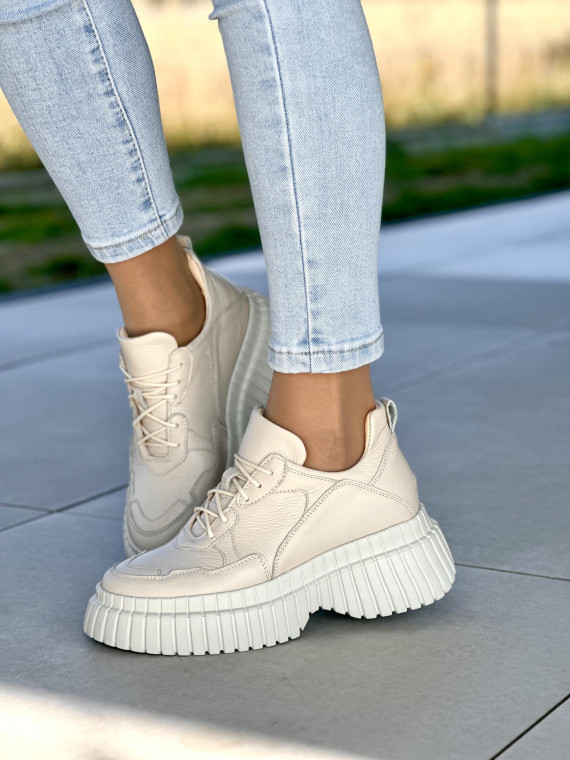 Beżowe sneakersy damskie skórzane OLEKSY polskiej produkcji na grubej podeszwie