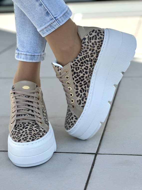 Beżowe trampki damskie skórzane OLEKSY polskiej produkcji na grubej podeszwie