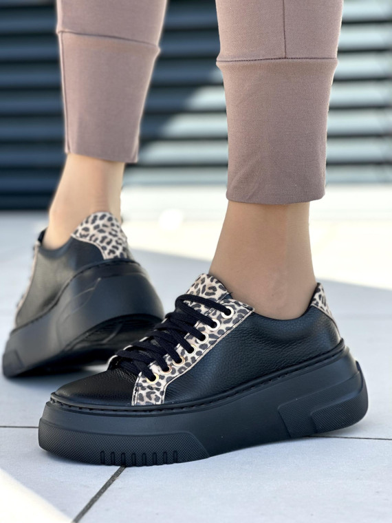 Czarne trampki damskie skórzane OLEKSY polskiej produkcji na grubej podeszwie