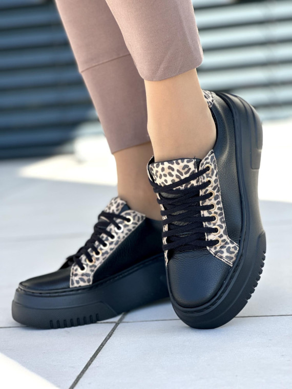Czarne trampki damskie skórzane OLEKSY polskiej produkcji na grubej podeszwie