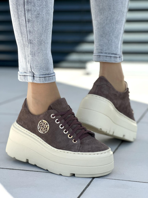 Brązowe trampki damskie skórzane OLEKSY polskiej produkcji na grubej podeszwie