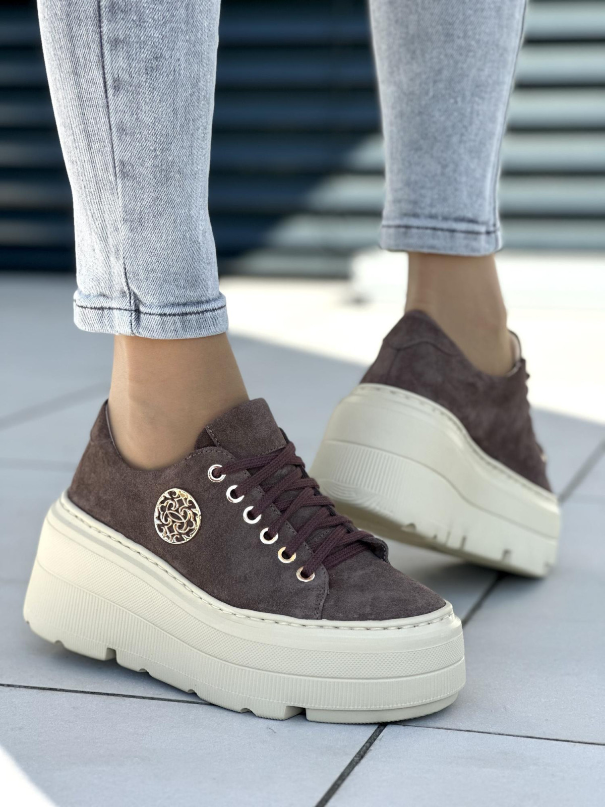 Brązowe trampki damskie skórzane OLEKSY polskiej produkcji na grubej podeszwie