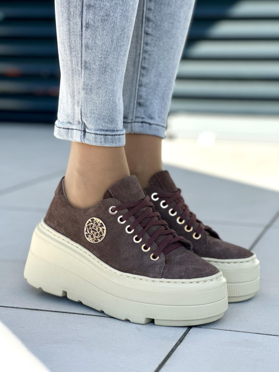 Brązowe trampki damskie skórzane OLEKSY polskiej produkcji na grubej podeszwie