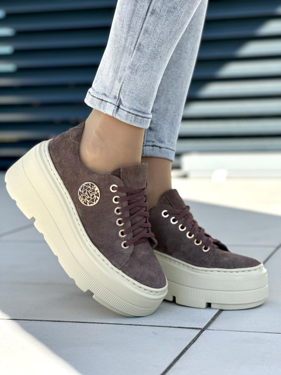 Brązowe trampki damskie skórzane OLEKSY polskiej produkcji na grubej podeszwie