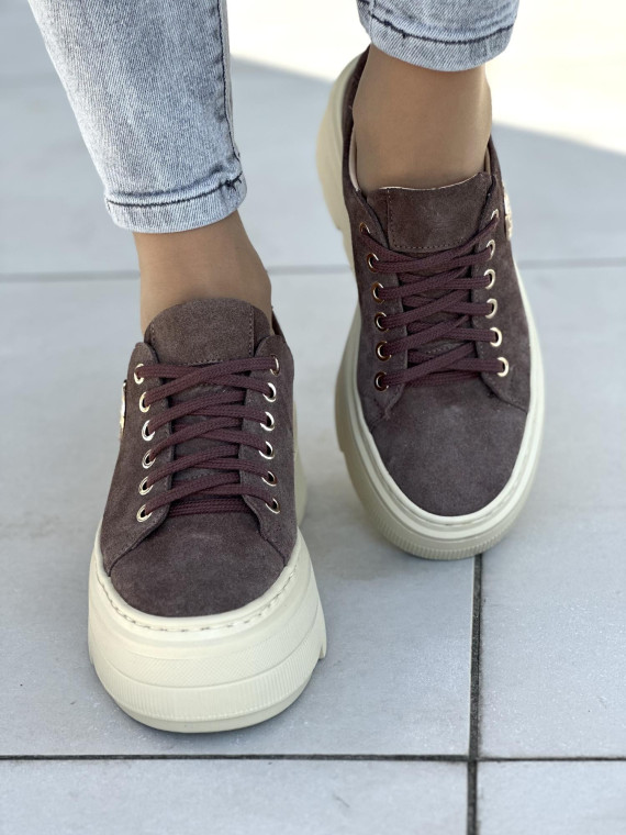 Brązowe trampki damskie skórzane OLEKSY polskiej produkcji na grubej podeszwie