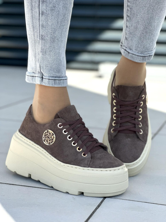 Brązowe trampki damskie skórzane OLEKSY polskiej produkcji na grubej podeszwie