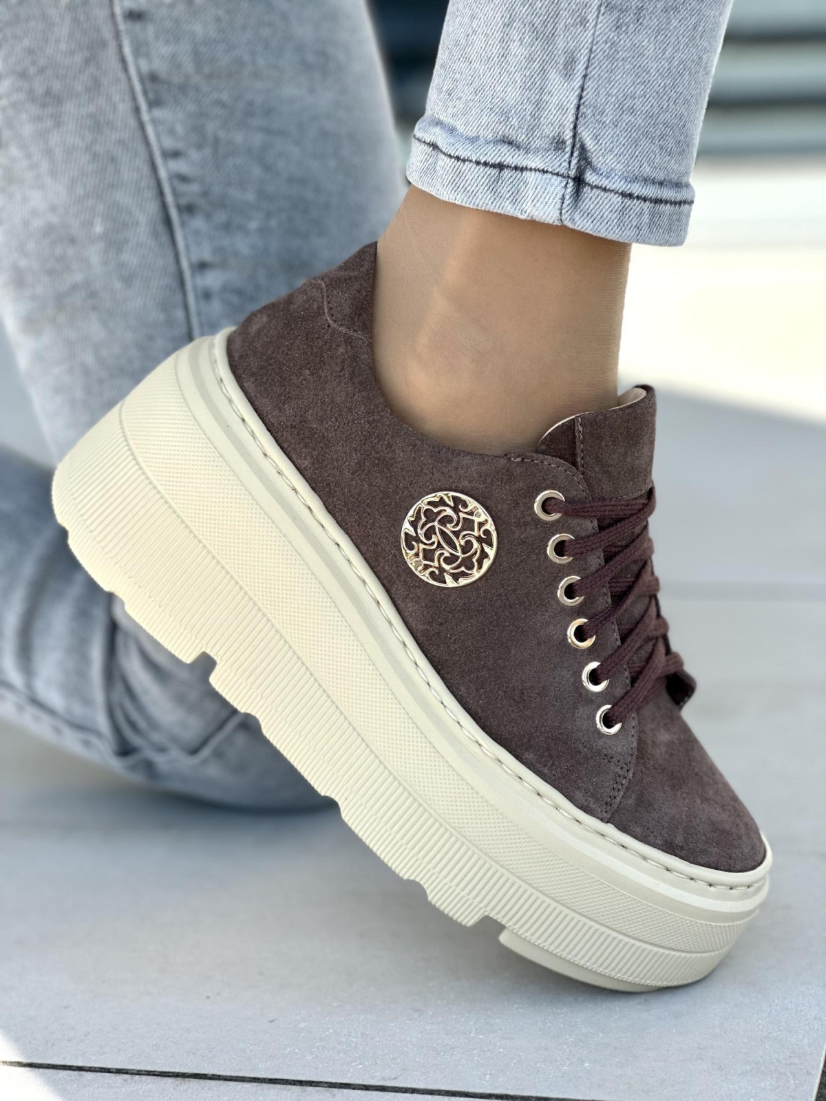 Brązowe trampki damskie skórzane OLEKSY polskiej produkcji na grubej podeszwie