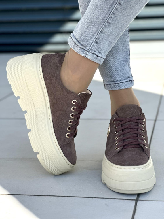 Brązowe trampki damskie skórzane OLEKSY polskiej produkcji na grubej podeszwie