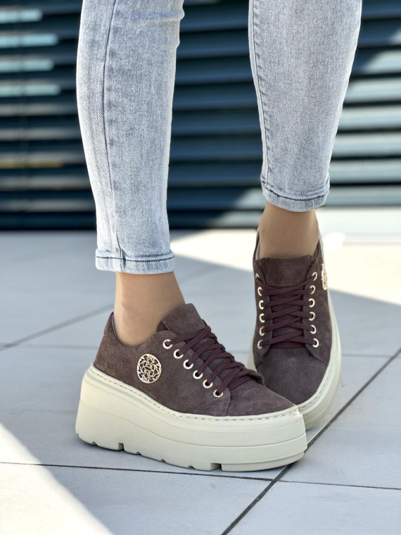 Brązowe trampki damskie skórzane OLEKSY polskiej produkcji na grubej podeszwie