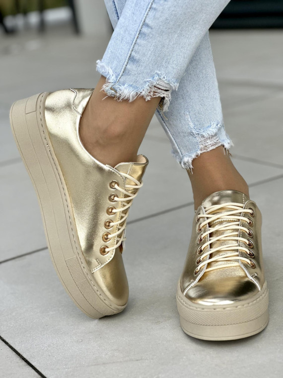 Złote trampki damskie skórzane OLEKSY polskiej produkcji na grubej podeszwie