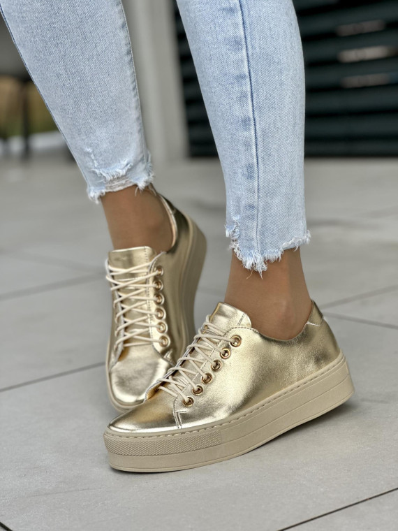 Złote trampki damskie skórzane OLEKSY polskiej produkcji na grubej podeszwie