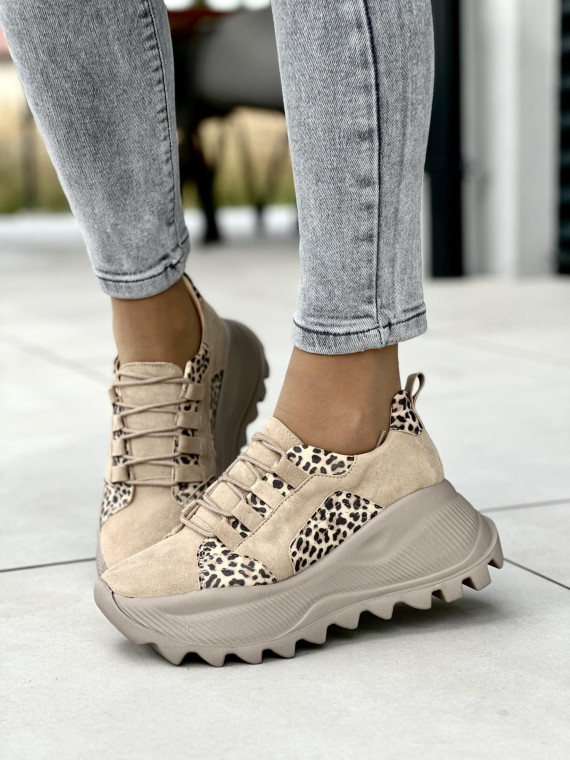 Modne beżowe sneakersy damskie skórzane OLEKSY na wygodnym grubym spodzie polskiej produkcji