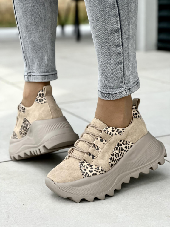Modne beżowe sneakersy damskie skórzane OLEKSY na wygodnym grubym spodzie polskiej produkcji