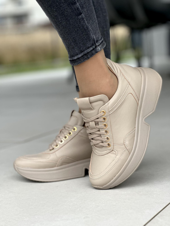 Beżowe sneakersy damskie OLEKSY ze skóry naturalnej polskiej produkcji