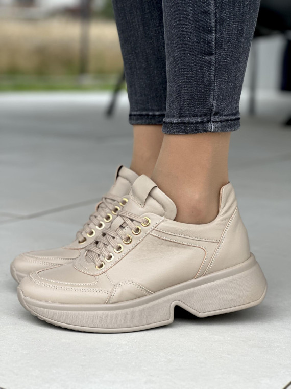 Beżowe sneakersy damskie OLEKSY ze skóry naturalnej polskiej produkcji