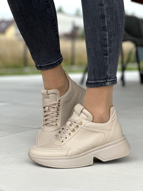 Beżowe sneakersy damskie OLEKSY ze skóry naturalnej polskiej produkcji