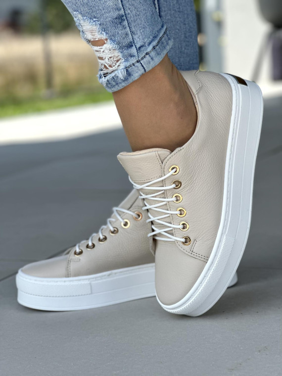 Wyjątkowe beżowe trampki OLEKSY wykonane ze skóry naturalnej