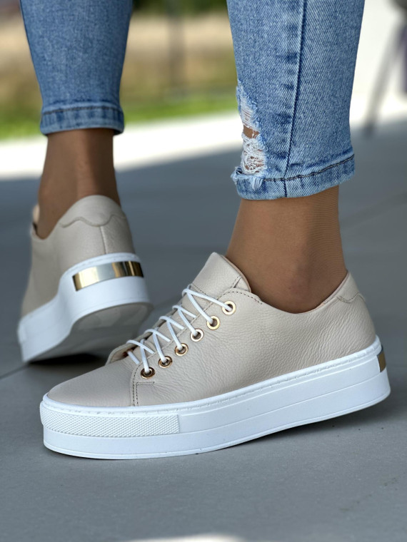 Wyjątkowe beżowe trampki OLEKSY wykonane ze skóry naturalnej