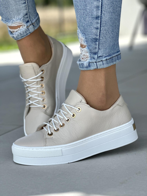 Wyjątkowe beżowe trampki OLEKSY wykonane ze skóry naturalnej