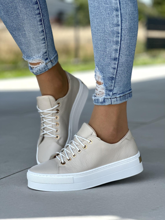 Wyjątkowe beżowe trampki OLEKSY wykonane ze skóry naturalnej