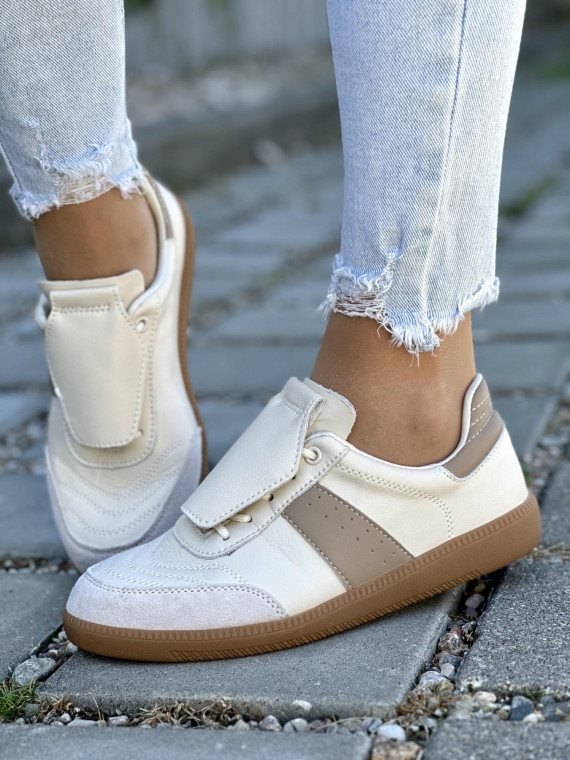 Beżowe Trampki ze Skóry Naturalnej