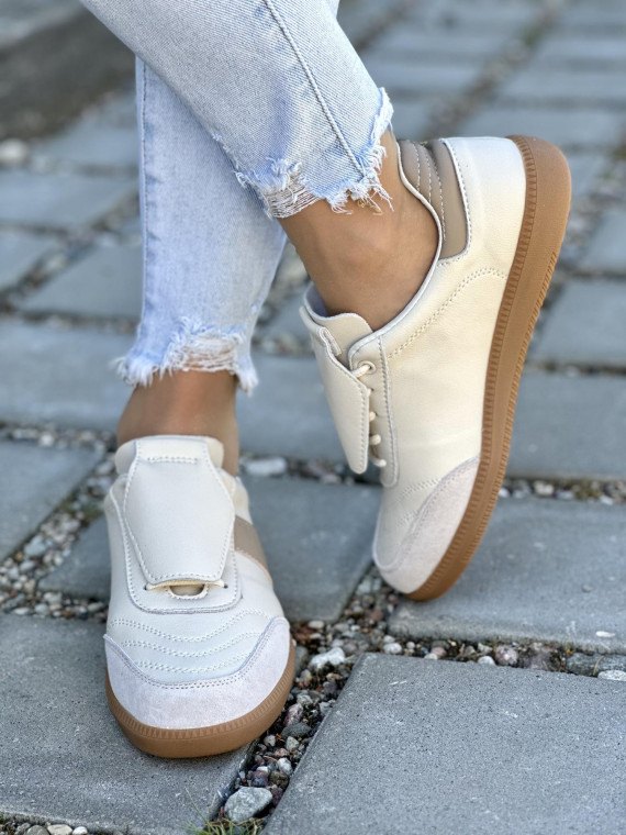 Beżowe Trampki ze Skóry Naturalnej