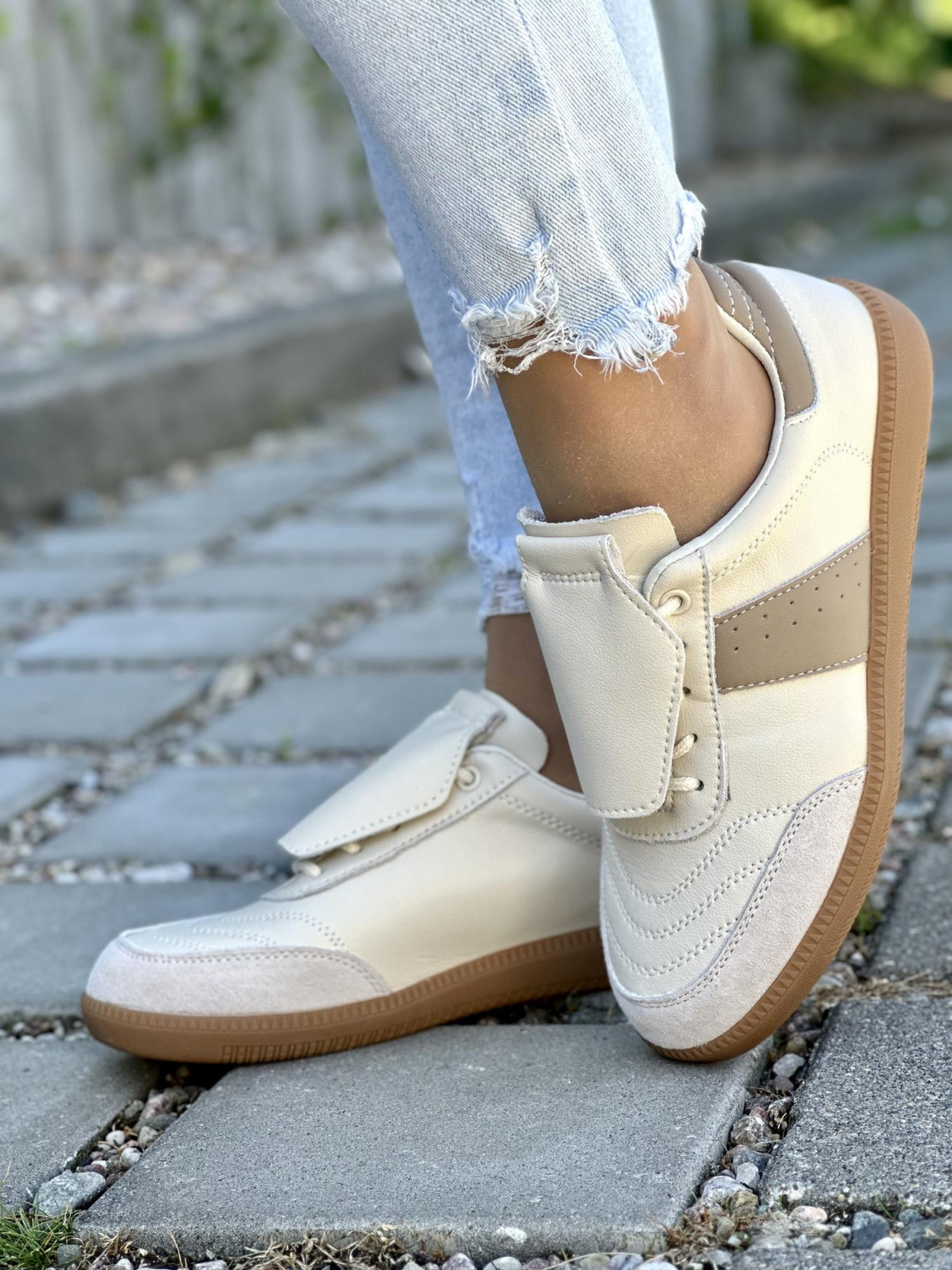 Beżowe Trampki ze Skóry Naturalnej