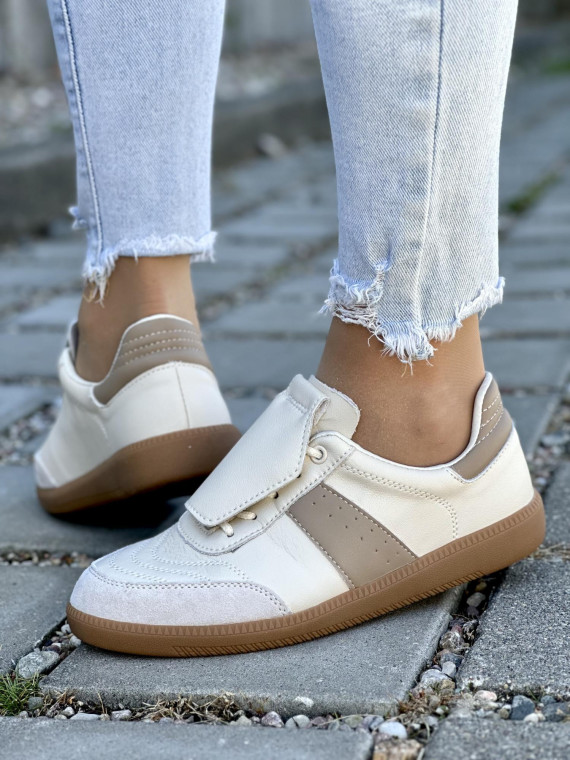 Beżowe Trampki ze Skóry Naturalnej