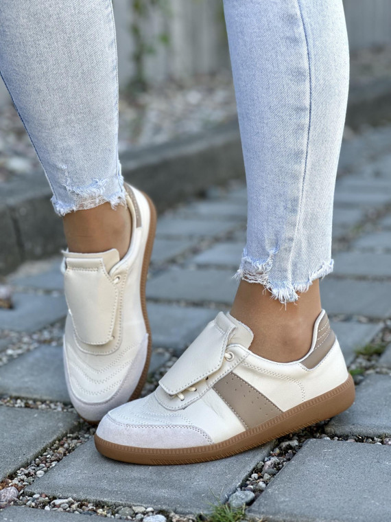 Beżowe Trampki ze Skóry Naturalnej