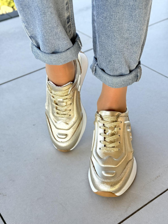 Złote sneakersy damskie ze skóry naturalnej