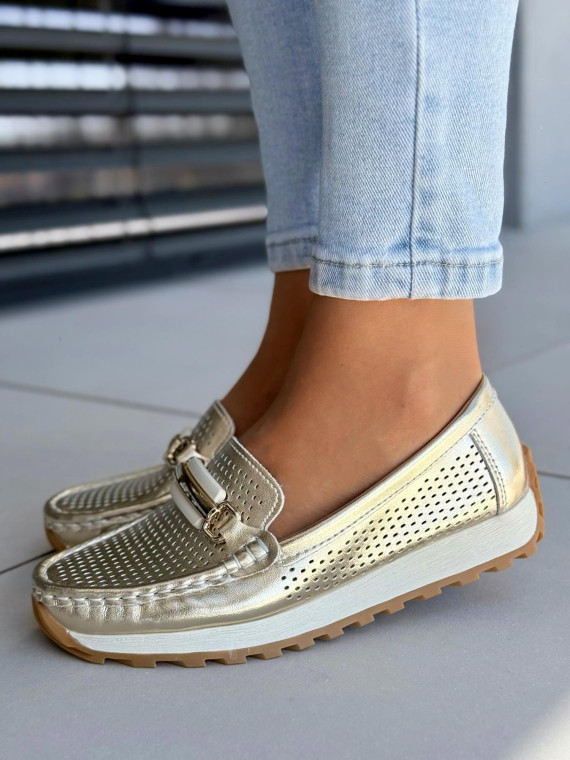 Mega wygodne złote mokasyny damskie ze skóry naturalnej