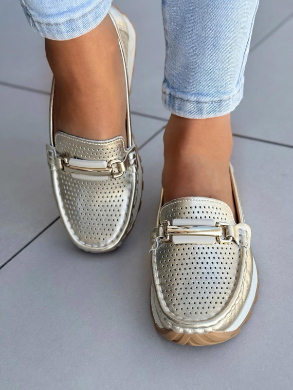 Mega wygodne złote mokasyny damskie ze skóry naturalnej