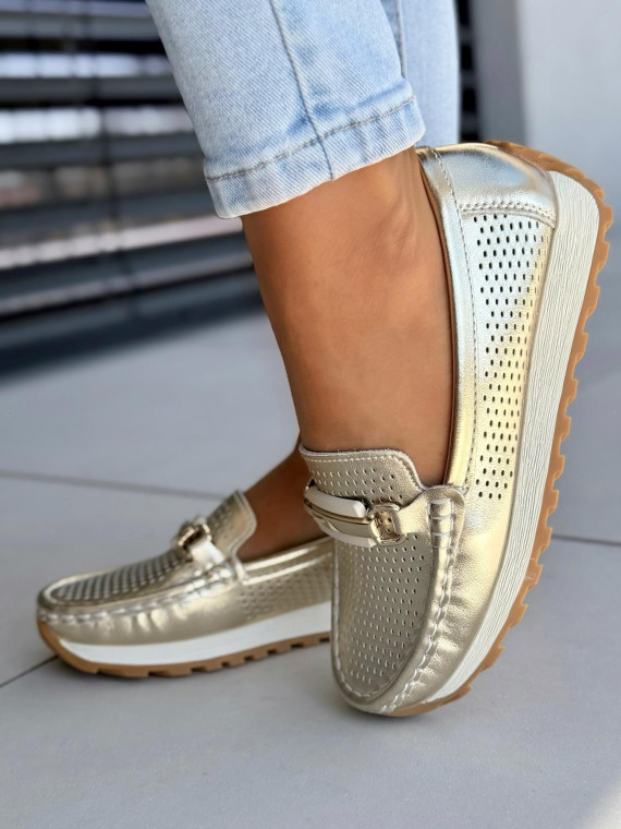 Mega wygodne złote mokasyny damskie ze skóry naturalnej